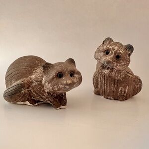 McCarty’s Pottery Raccoons PAIR Signed Nutmeg Brown Crouching Standing Handmade